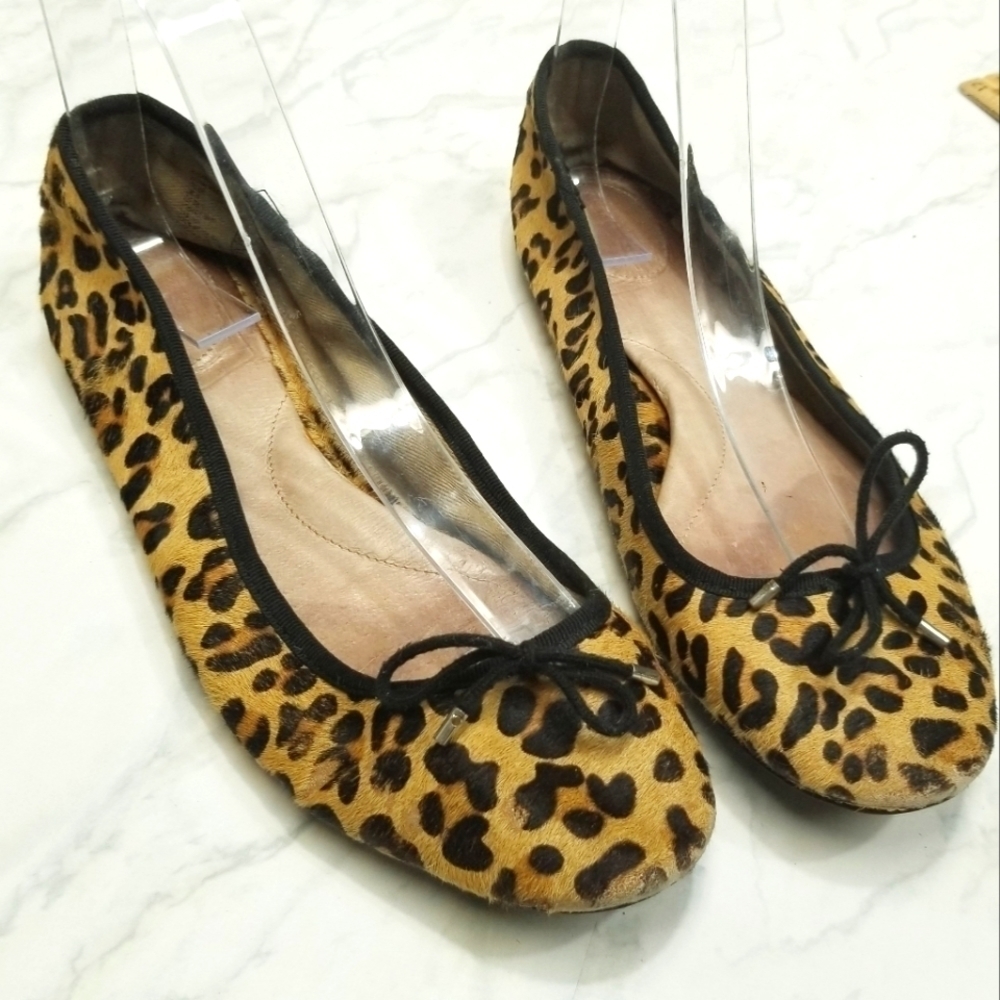 Lands End Ballerina Flats Animal cheetah Print Calf Hair bow accents 8.5 USED‎